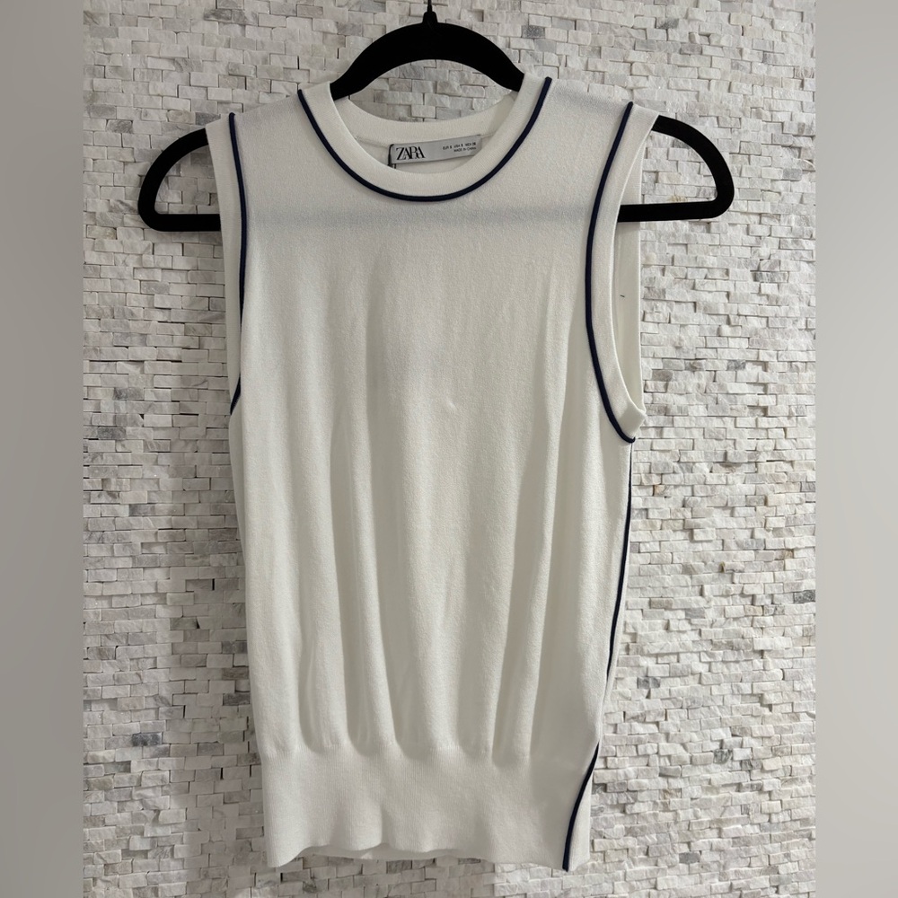 Zara white Tank Top with navy Trim